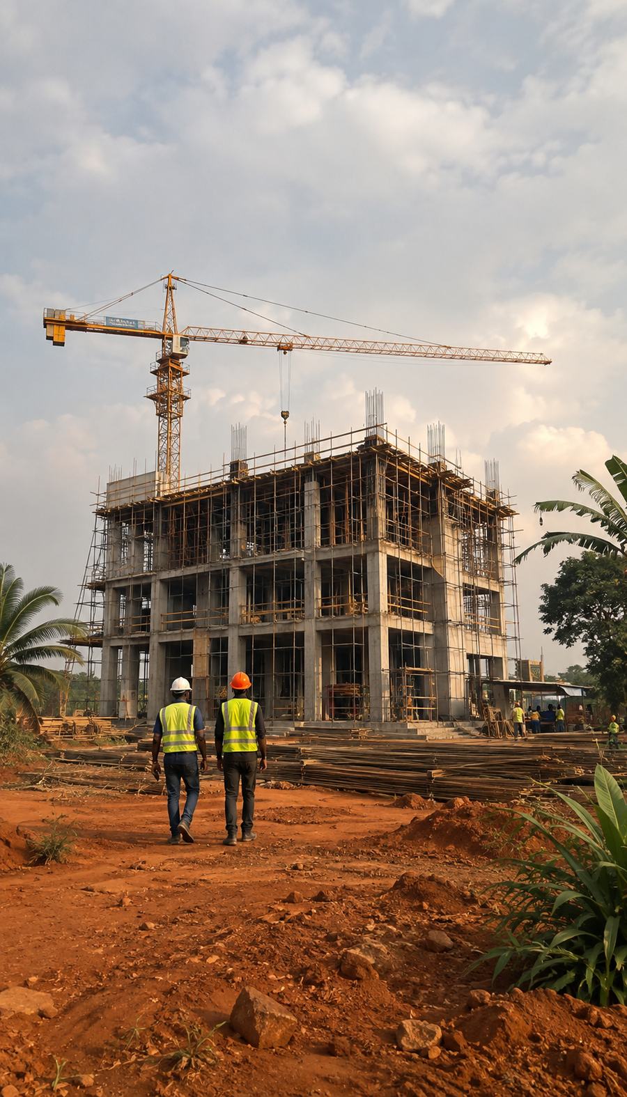 Chantier de construction en cours à Kinshasa : structure en béton armé, échafaudages et grue à tour.